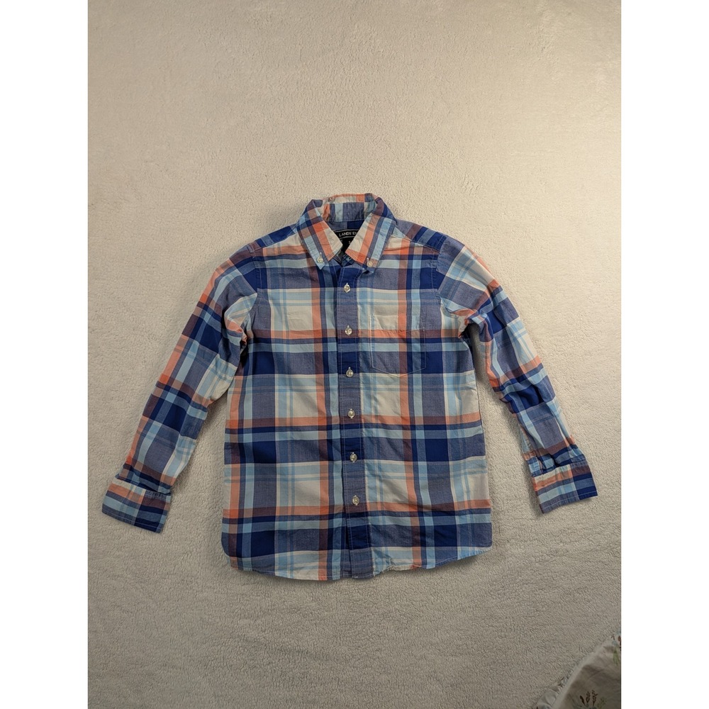 Lands End Boys Plaid Button Down Shirt Blue Orange Cotton Size 8 S School‎